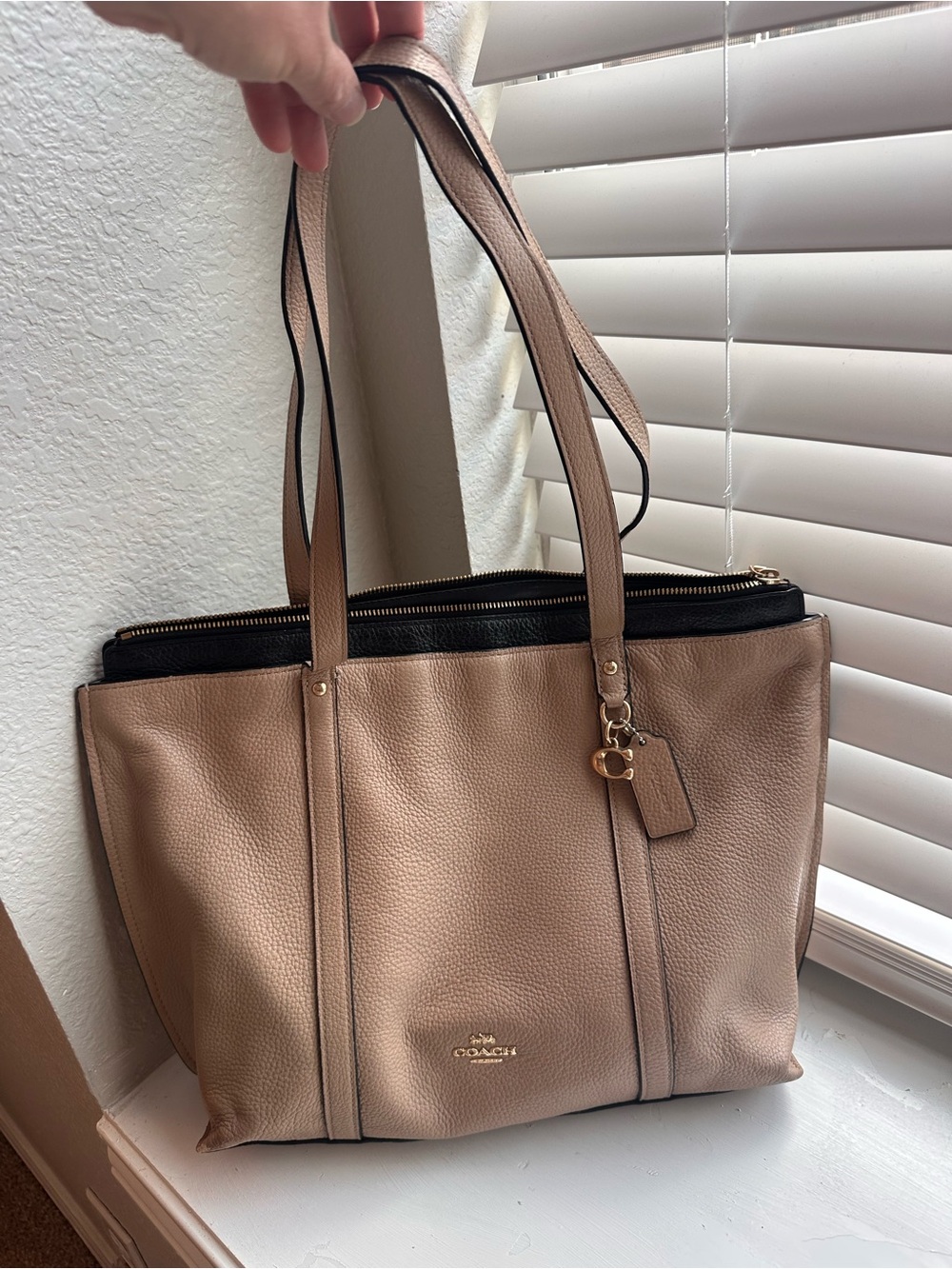 COACH Pebbled Leather Tote in Taupe with Black Trim and Gold Hardware